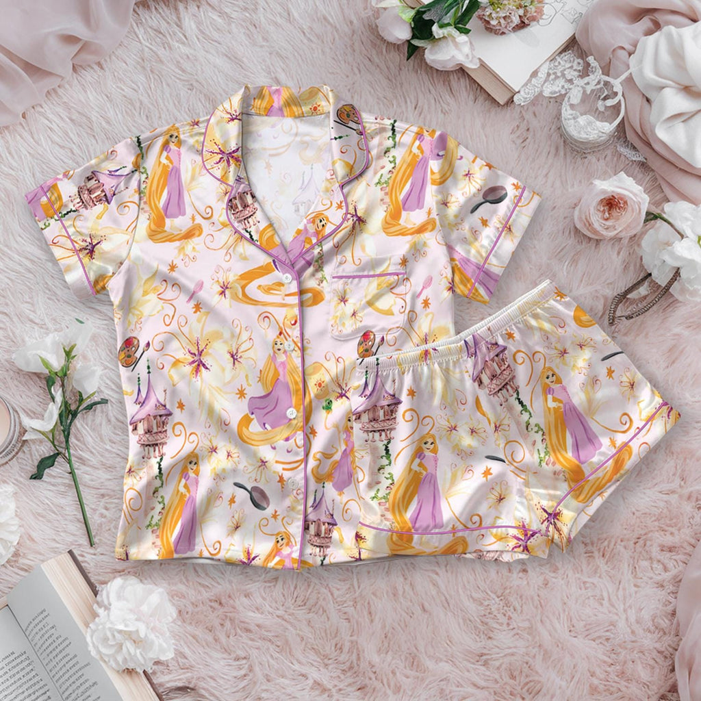Disney Princess Rapunzel & Rapunzel's Castle Satin Pajamas Set, Disney Princess Tangled Pajamas, Magic Kingdom Disneyland PJs