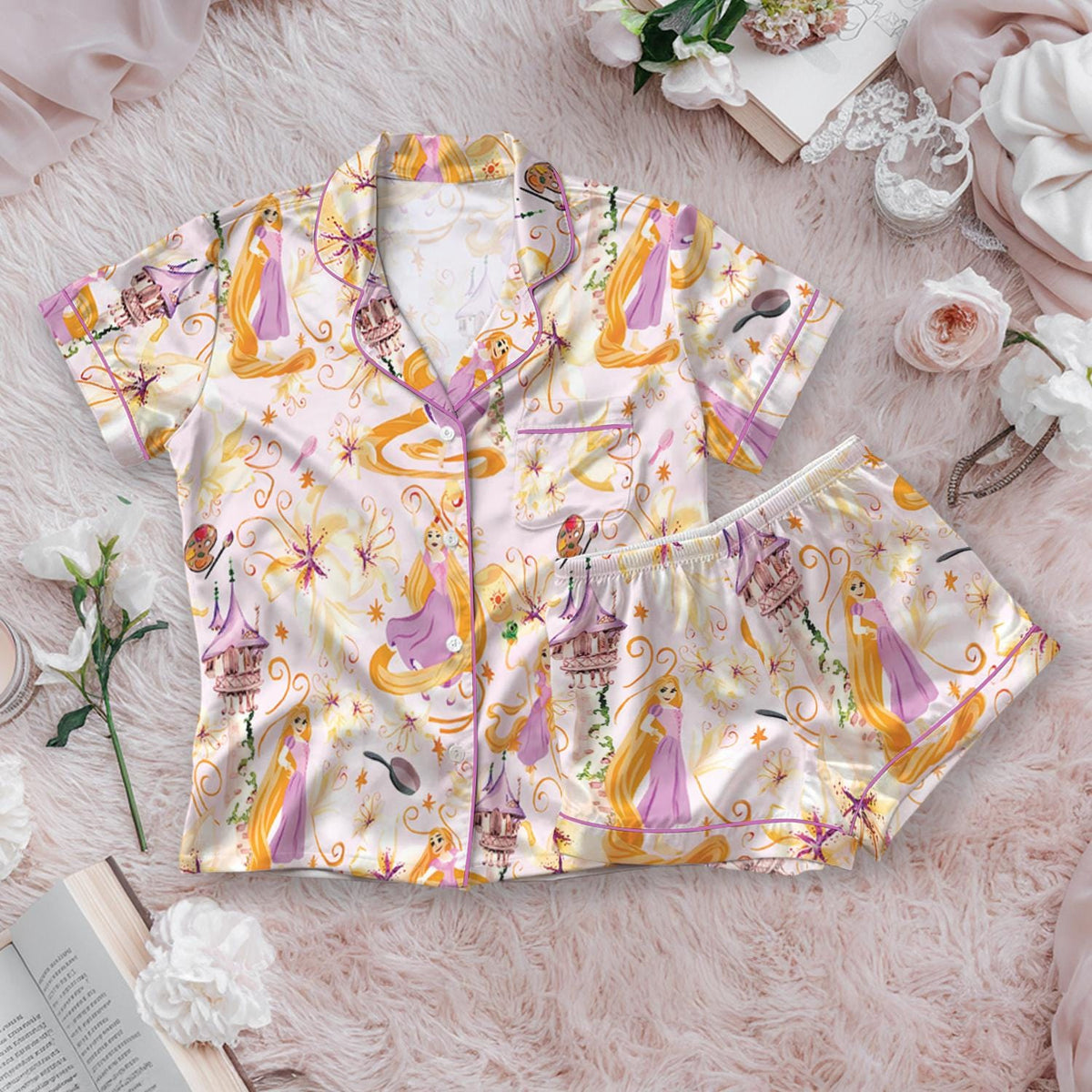 Disney Princess Rapunzel & Rapunzel's Castle Satin Pajamas Set, Disney Princess Tangled Pajamas, Magic Kingdom Disneyland PJs