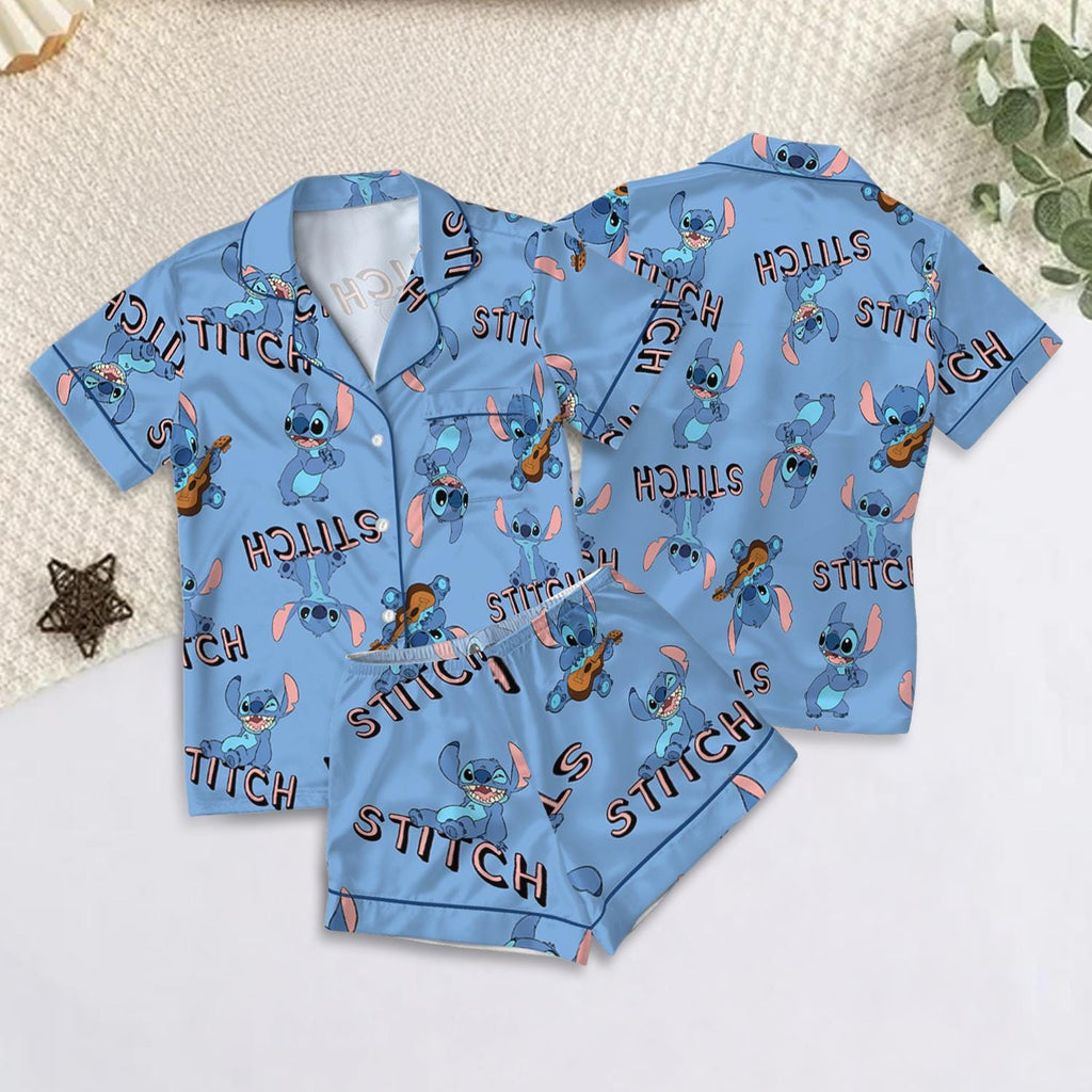 Disney Stitch Dance Vibes Satin Pajama Set, Monster Stitch Pajama, Cartoon Lilo and Stitch Clothes