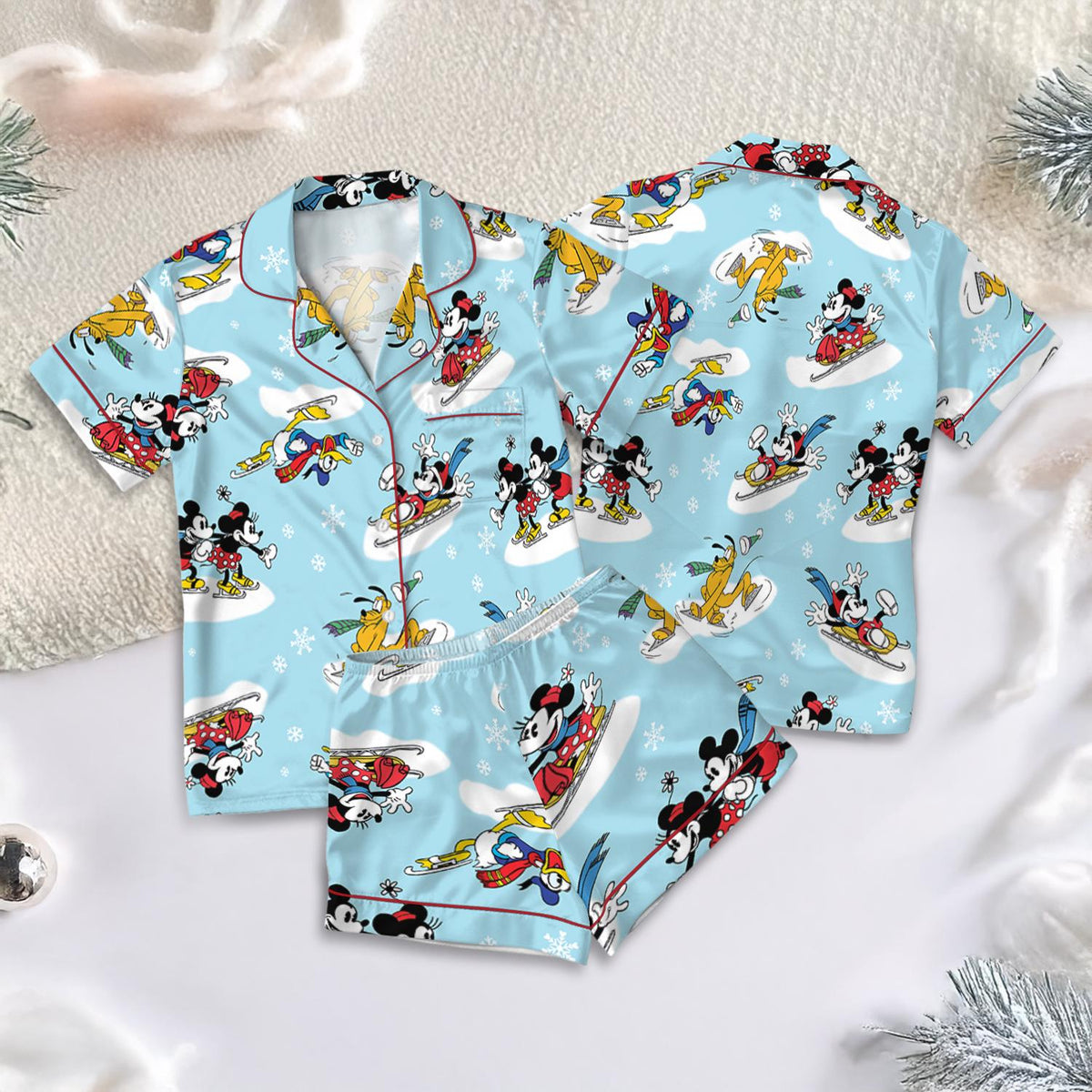 Disney Parks Mickey Mouse & Friends Satin Pajamas Set, Christmas Mickey and Friends Skiing Pajamas, Magic Kingdom Pajamas