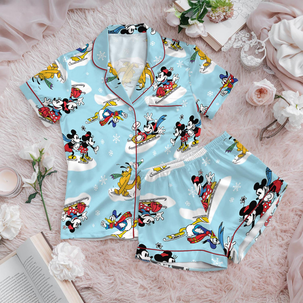 Disney Parks Mickey Mouse & Friends Satin Pajamas Set, Christmas Mickey and Friends Skiing Pajamas, Magic Kingdom Pajamas