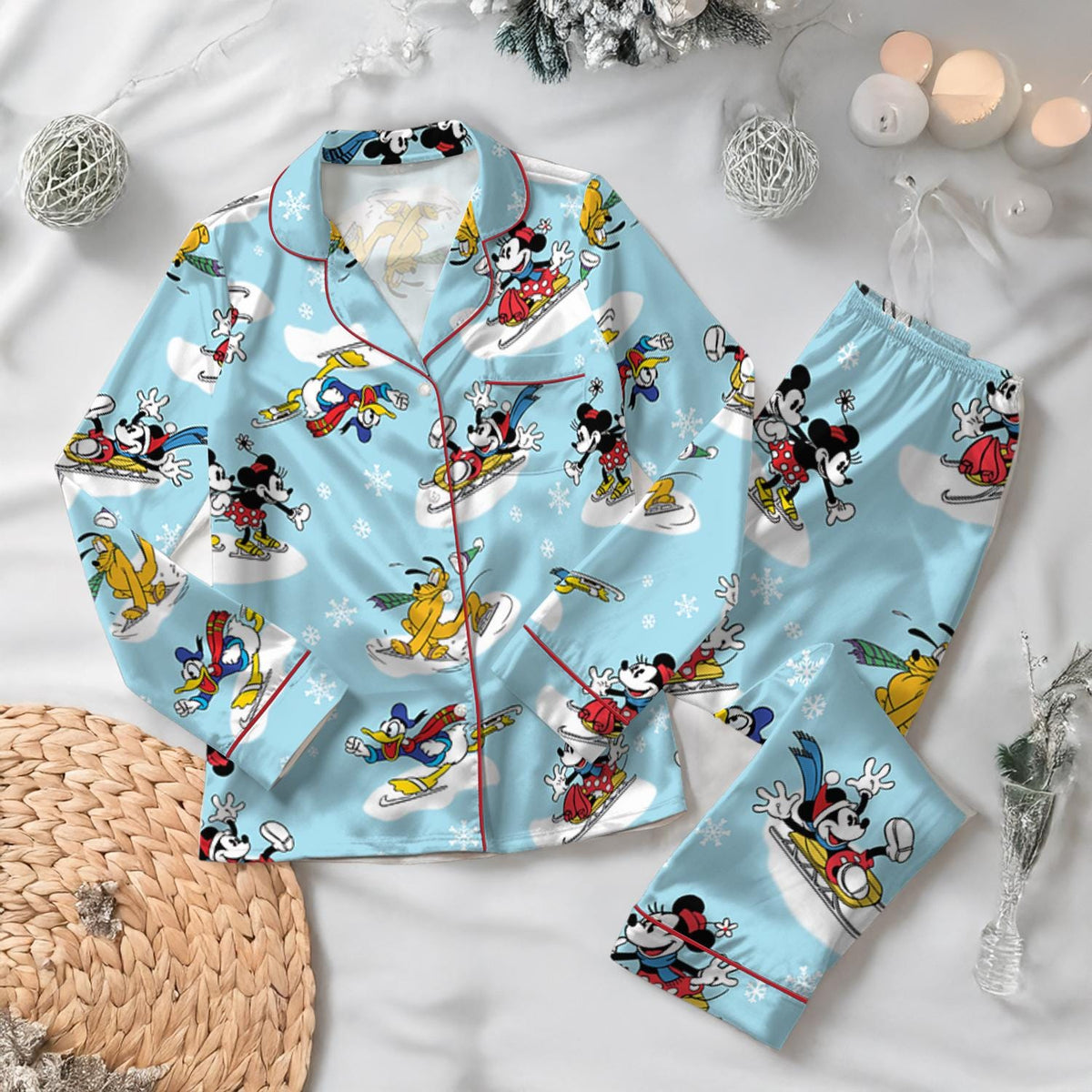 Disney Parks Mickey Mouse & Friends Satin Pajamas Set, Christmas Mickey and Friends Skiing Pajamas, Magic Kingdom Pajamas