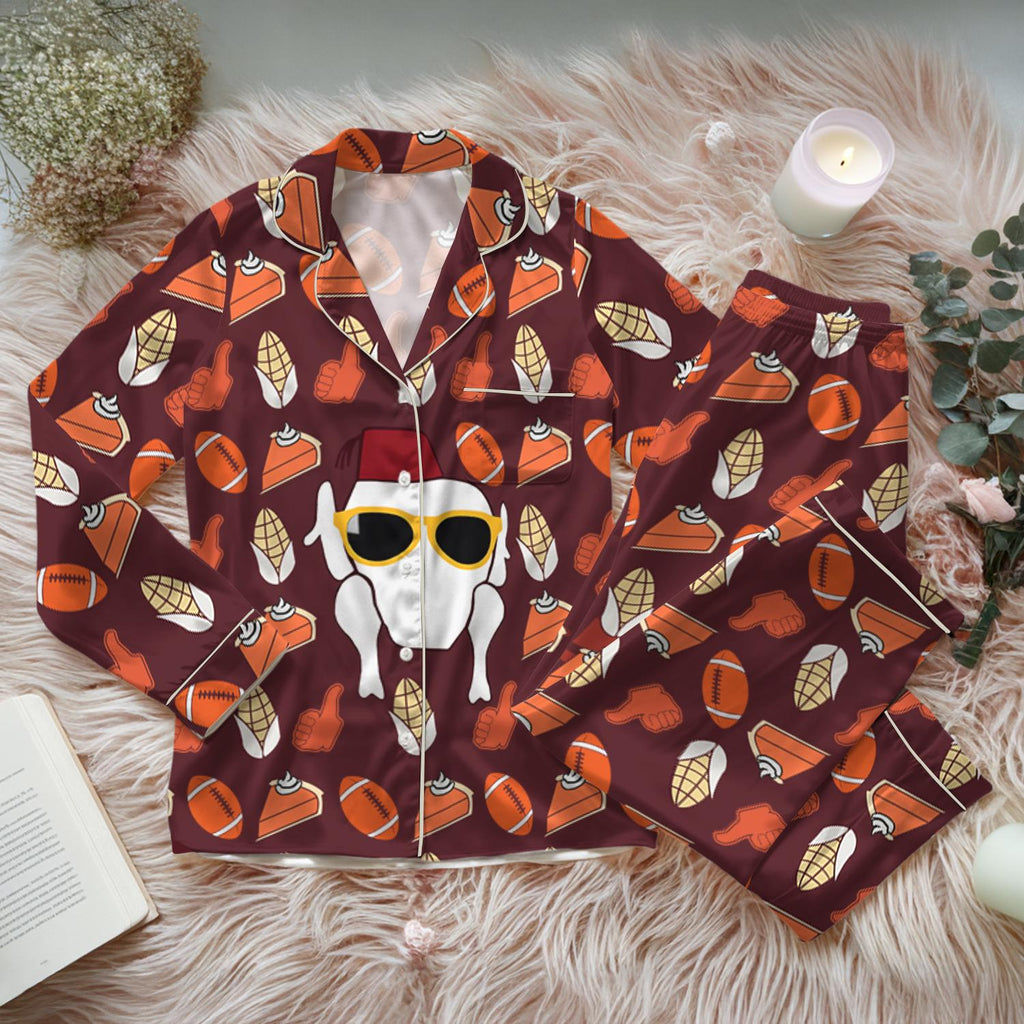 Fun Friends Thanksgiving Satin Pajamas Set, Friends Turkey Thanksgiving Pajamas, Happy Friendsgiving Turkey Shirt