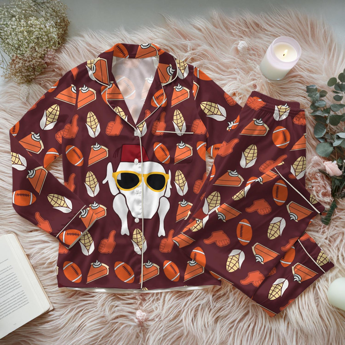 Fun Friends Thanksgiving Satin Pajamas Set, Friends Turkey Thanksgiving Pajamas, Happy Friendsgiving Turkey Shirt