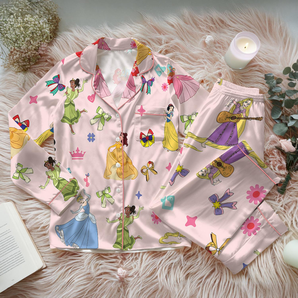 Disney Princess Satin Pajama Set, Bridesmaid matching Disney Princess PJs, Princess Birthday Sleep Set, Matching Family Pajamas