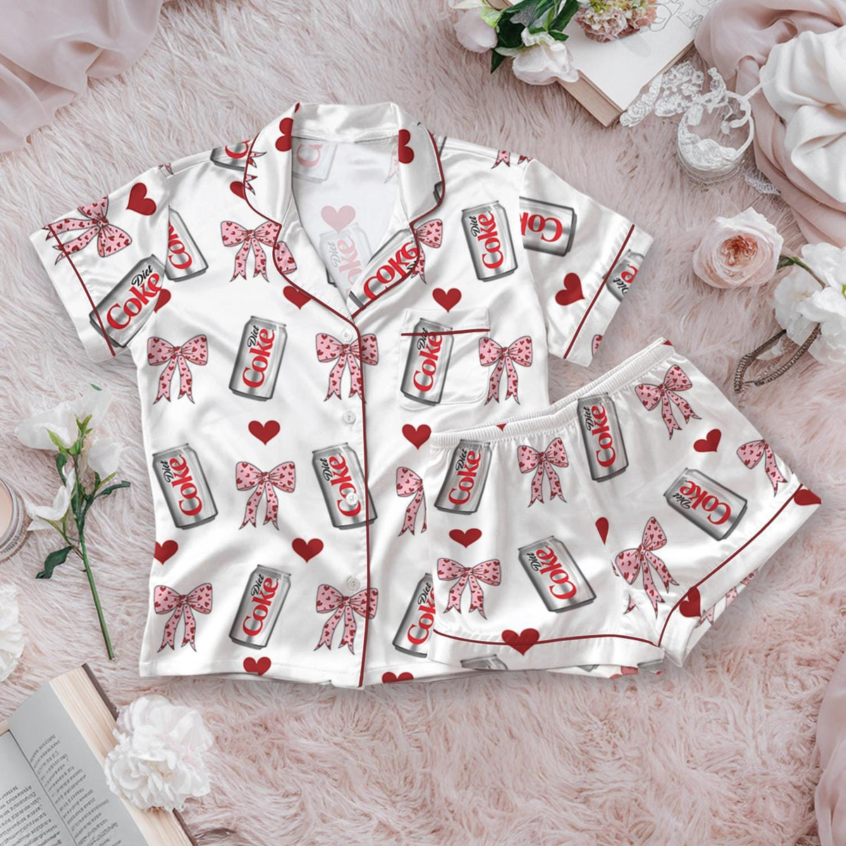 Diet Coke Pajamas Set, Matching Holiday Sleepwear for Women, Diet Coke Lover Gift, Dr Pepper Satin Pajamas, Coquette Diet Pepper Sleepwear