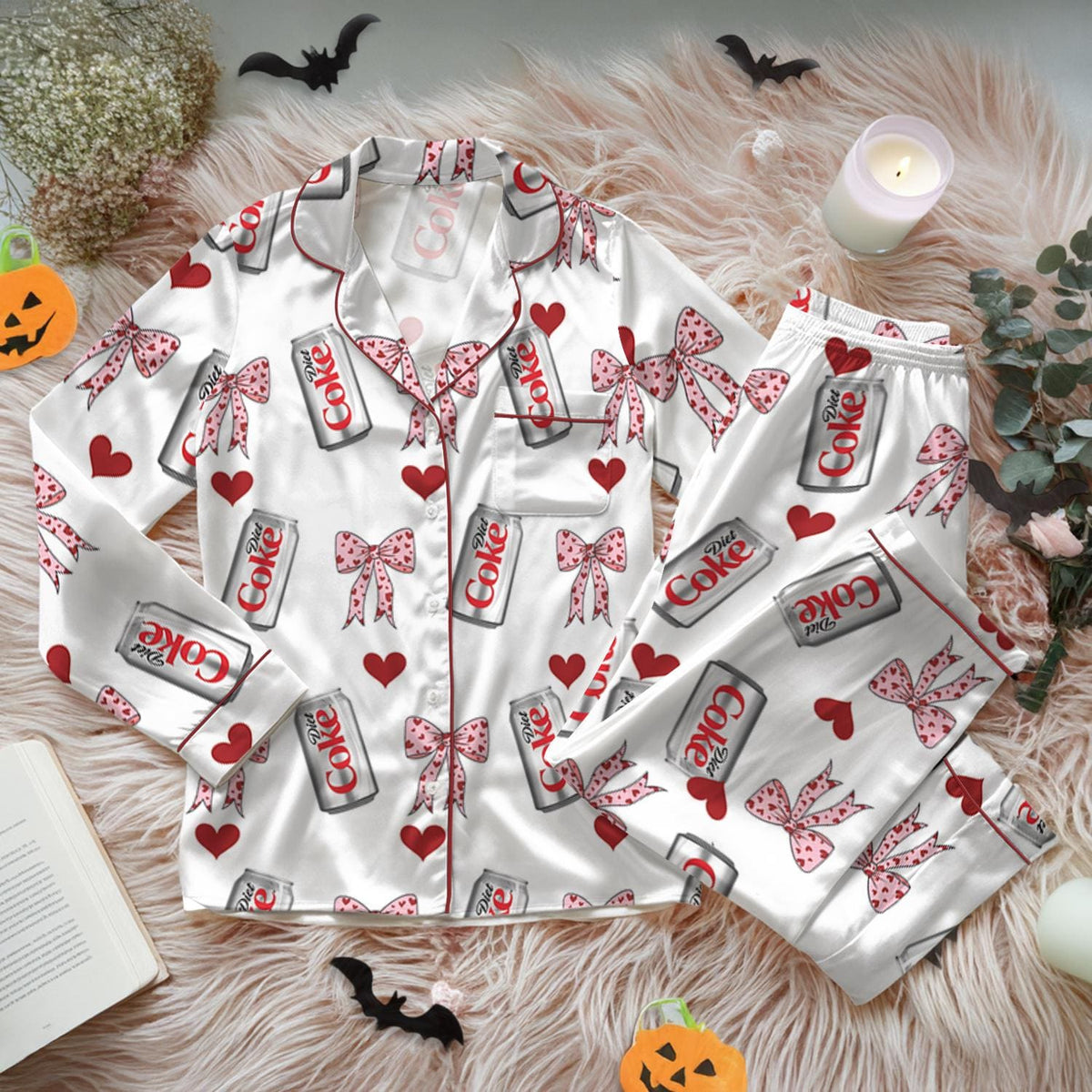 Diet Coke Pajamas Set, Matching Holiday Sleepwear for Women, Diet Coke Lover Gift, Dr Pepper Satin Pajamas, Coquette Diet Pepper Sleepwear