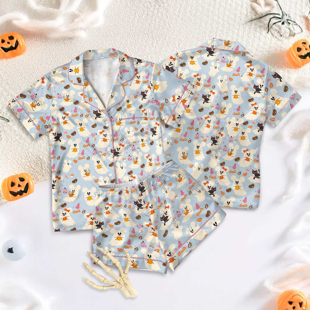 Disney Halloween Pajamas Set, Mickey Ghost Pajamas, Disney Pumpkin Satin PJs, Spooky Matching Sleepwear for Women, Fall Holiday Loungewear