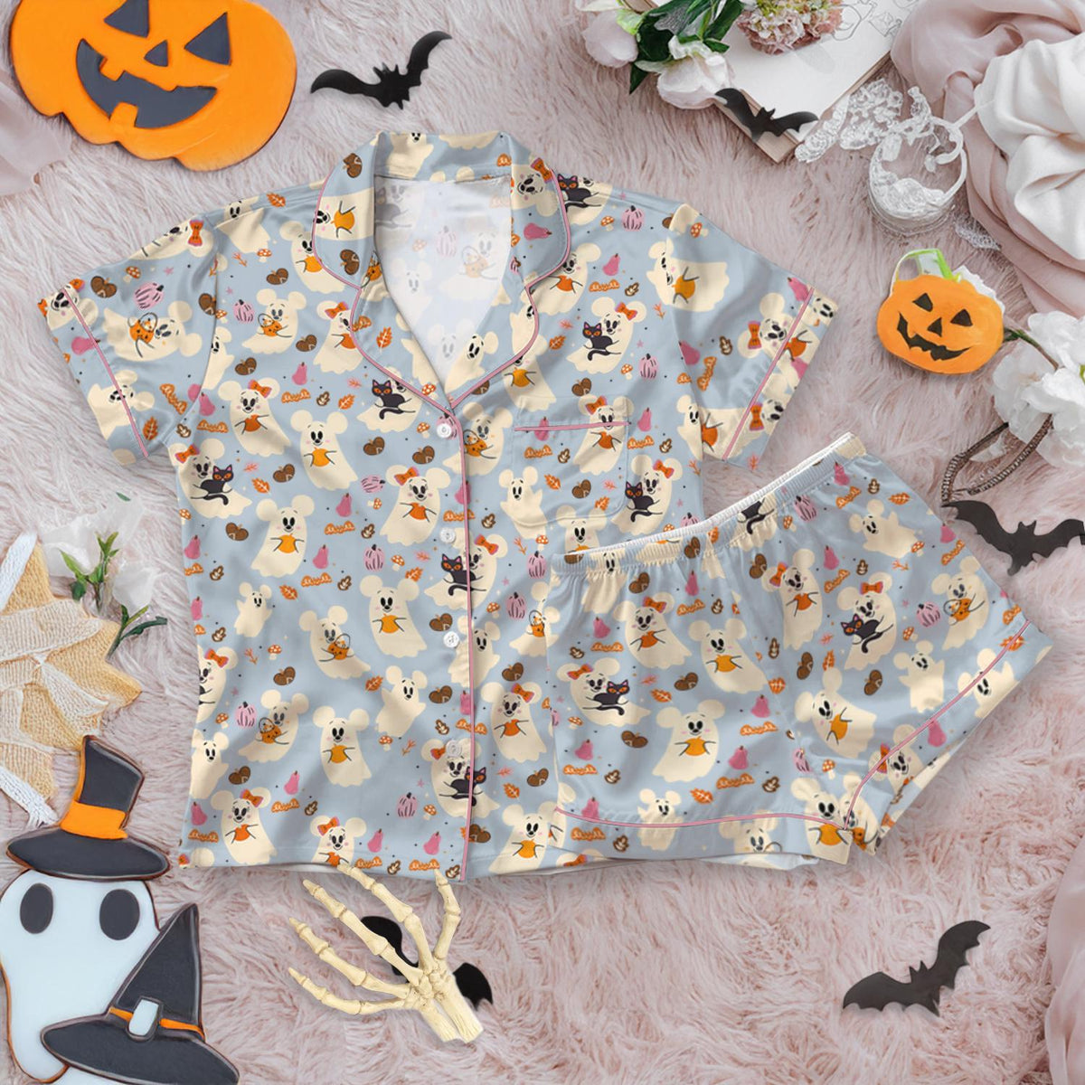 Disney Halloween Pajamas Set, Mickey Ghost Pajamas, Disney Pumpkin Satin PJs, Spooky Matching Sleepwear for Women, Fall Holiday Loungewear