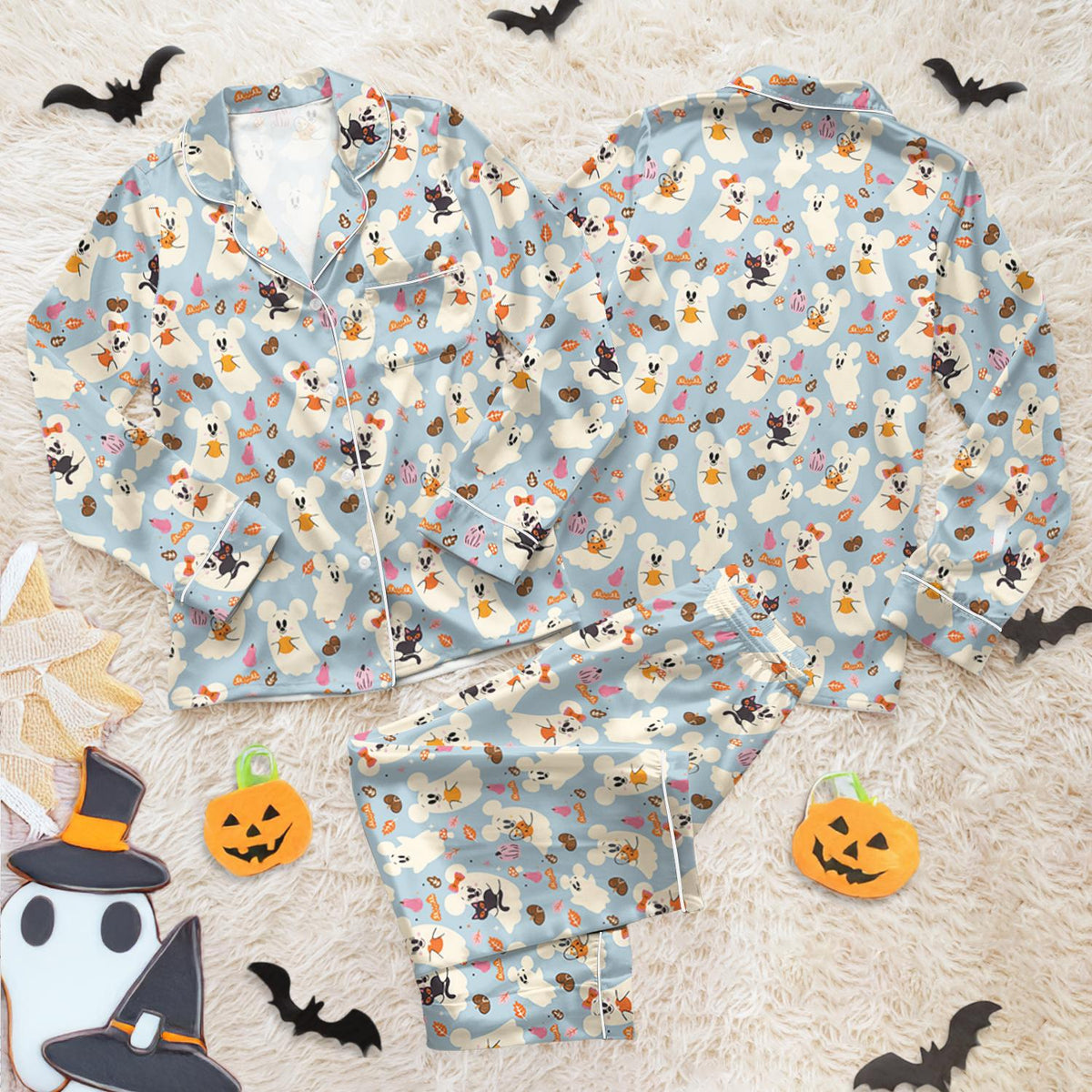 Disney Halloween Pajamas Set, Mickey Ghost Pajamas, Disney Pumpkin Satin PJs, Spooky Matching Sleepwear for Women, Fall Holiday Loungewear