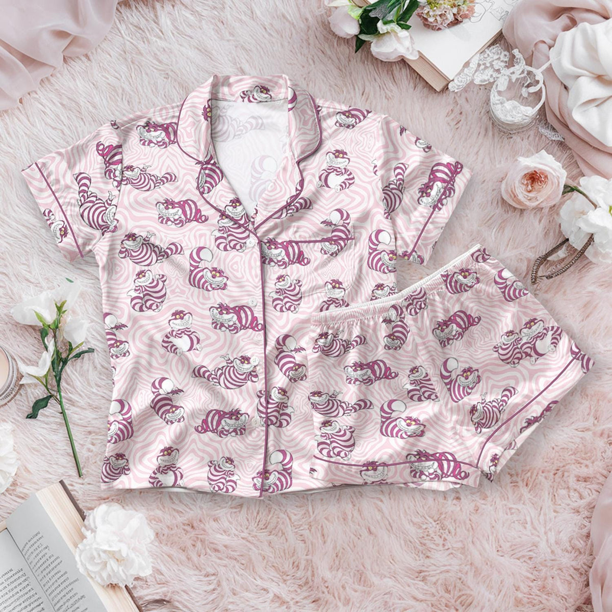 Disney Cheshire Cat Satin Pajamas, Disney Cat Button Satin Set, Alice Wonderland Pajamas, Disney Princess Shirt, Women's Lounge Set Gift