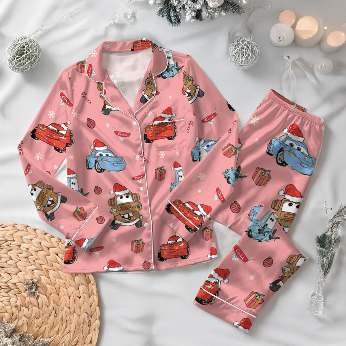 Lightning McQueen Christmas Satin Pajamas Set, Disney Pixar Cars Shirt, McQueen Santa Pjs, Magic Kingdom Pajamas, Vintage Disney Car Gift