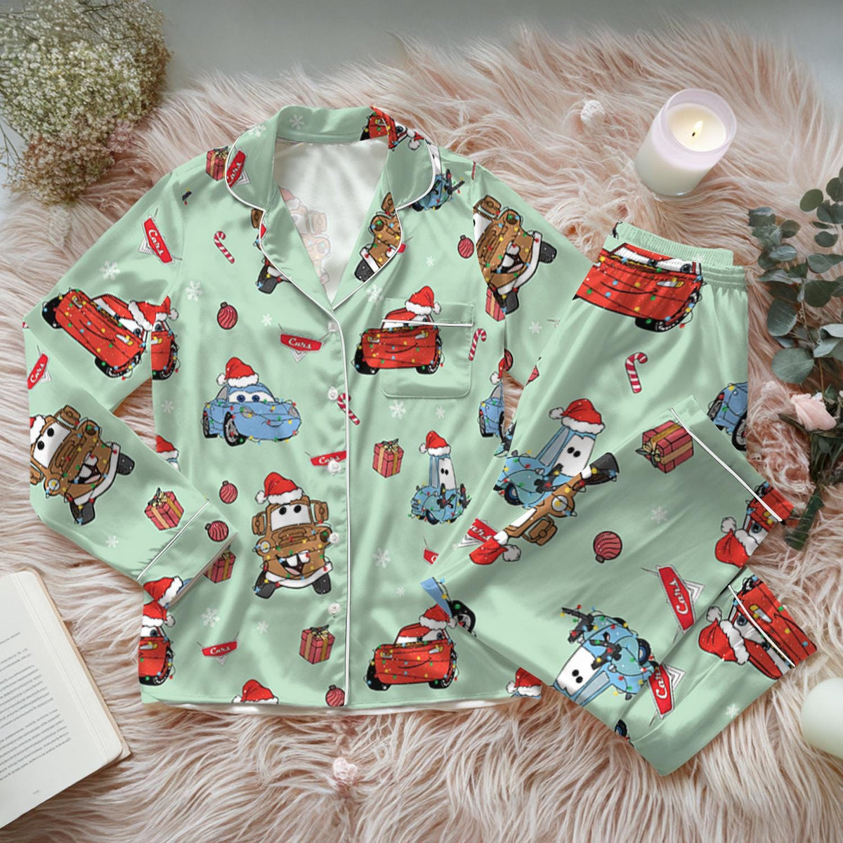 Lightning McQueen Christmas Satin Pajamas Set, Disney Pixar Cars Shirt, McQueen Santa Pjs, Magic Kingdom Pajamas, Vintage Disney Car Gift