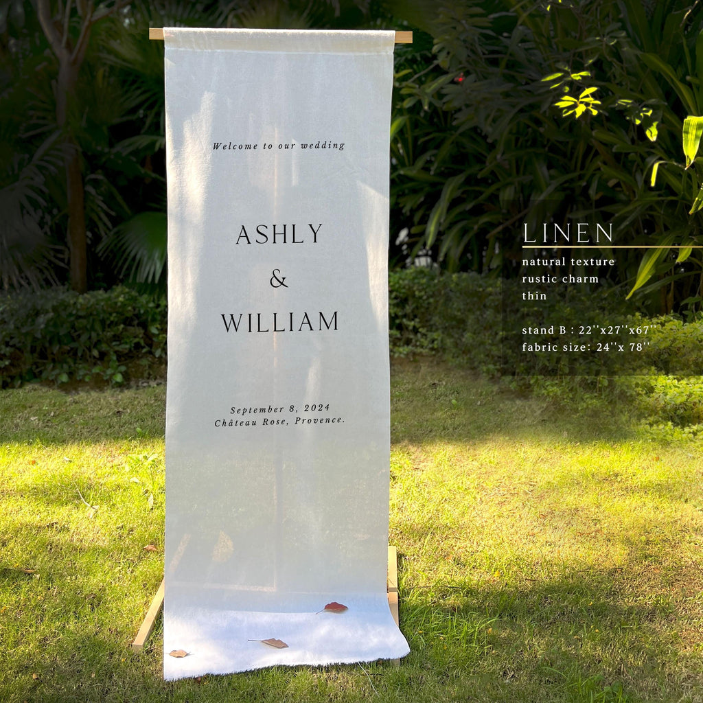 Custom wedding welcome sign, Linen Wedding Sign, canvas chiffon Fabric Banner with Collapsible Stand, destination wedding, 32