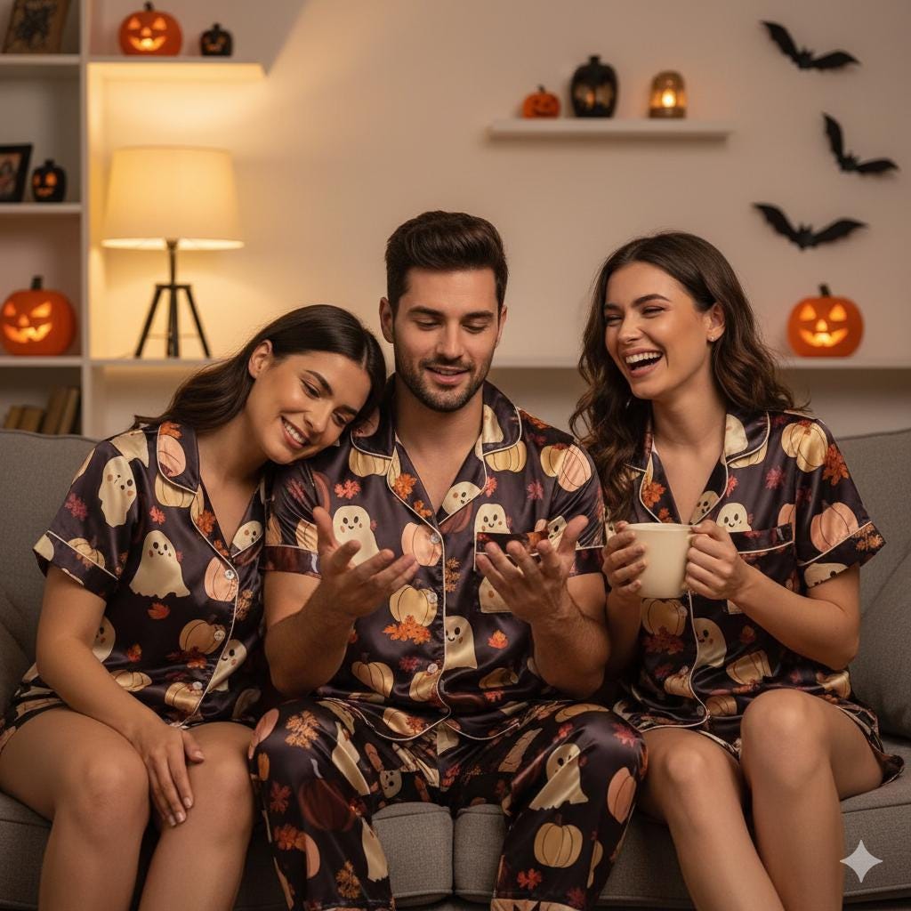 Cute Ghosts and Pumpkins Satin Pajamas Set, Fall Aesthetic Pajamas, Ghost Pajamas, Cozy Autumn Pajamas, Halloween Pajamas, Spooky Season Pjs