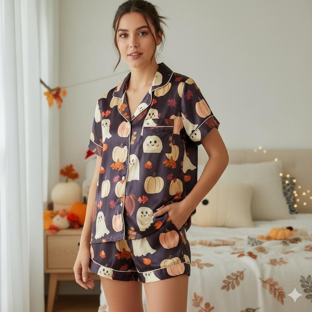 Cute Ghosts and Pumpkins Satin Pajamas Set, Fall Aesthetic Pajamas, Ghost Pajamas, Cozy Autumn Pajamas, Halloween Pajamas, Spooky Season Pjs