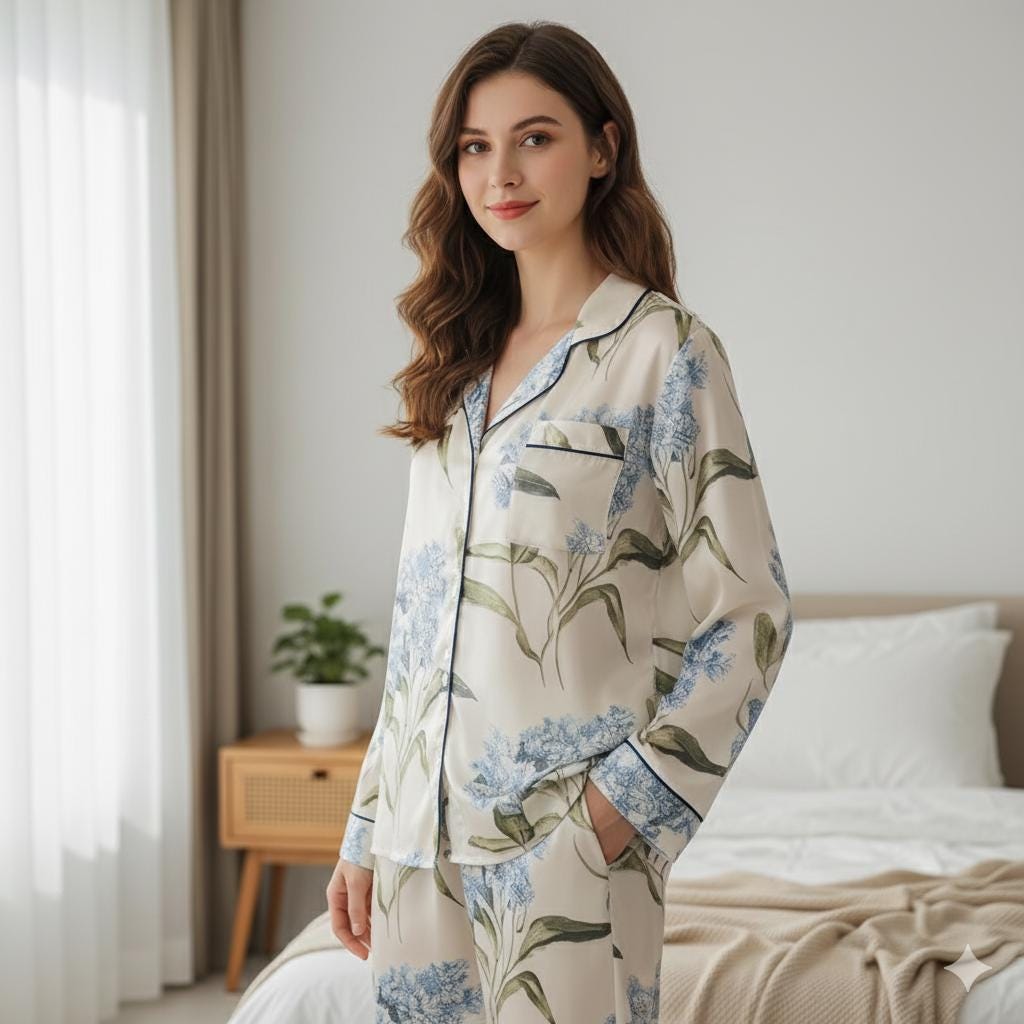 Blue Floral Print Satin Pajamas Set, Bridesmaid Pajamas, Bachelorette Party Pjs, Bride Pajamas, Misty Blossom Pajamas, Getting Ready Gifts