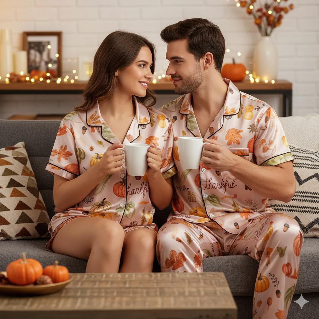 Thanksgiving Satin Pajamas Set, Pumpkins Pajamas, Autumn Pajamas, Fall Pajamas, Thankful Pajamas, Gourds Leaves Pajamas, Cozy Season Pajamas