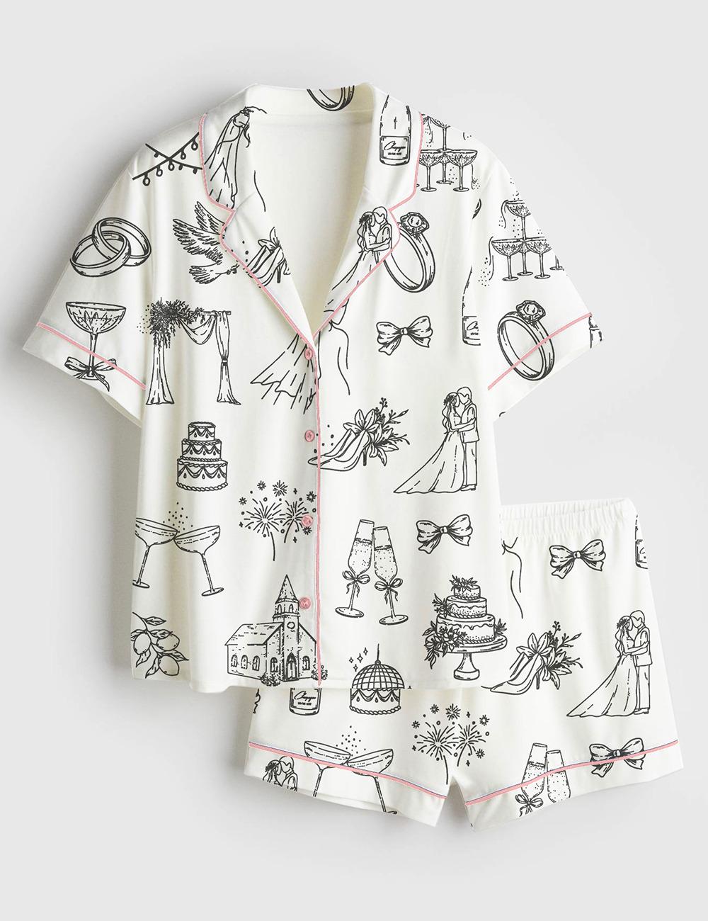 Women's Satin Pajama Set, Hand Drawn Wedding Icons, Champagne Wedding Timeline Print, Short Sleeve Bridal PJs, Bridesmaid Gift, Pjs For Her