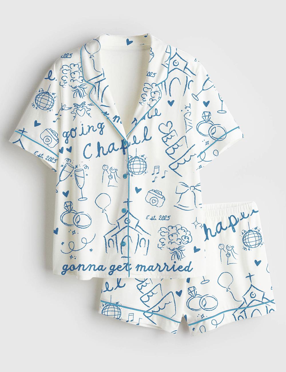 Going Bride To The Chapel Gonna Get Married Bachelorette Bride Wedding Art Print Short Sleeve Satin Pjs Set, Just Married Pjs, Bride Pjs Top