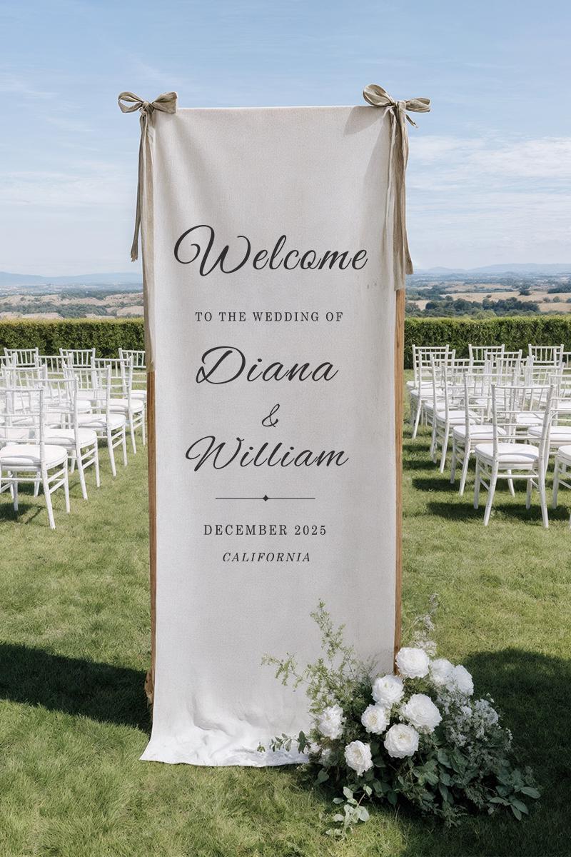Custom Wedding Welcome Sign | Personalized Fabric Linen Banner for Ceremony or Reception Entrance | Rustic Modern Wedding Decoration