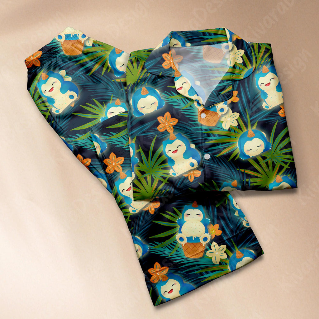 Snorly Lax Pajama Set, Cute Snorlax Sleepwear, Soft Polyester Pajamas, Anime Loungewear for Fans