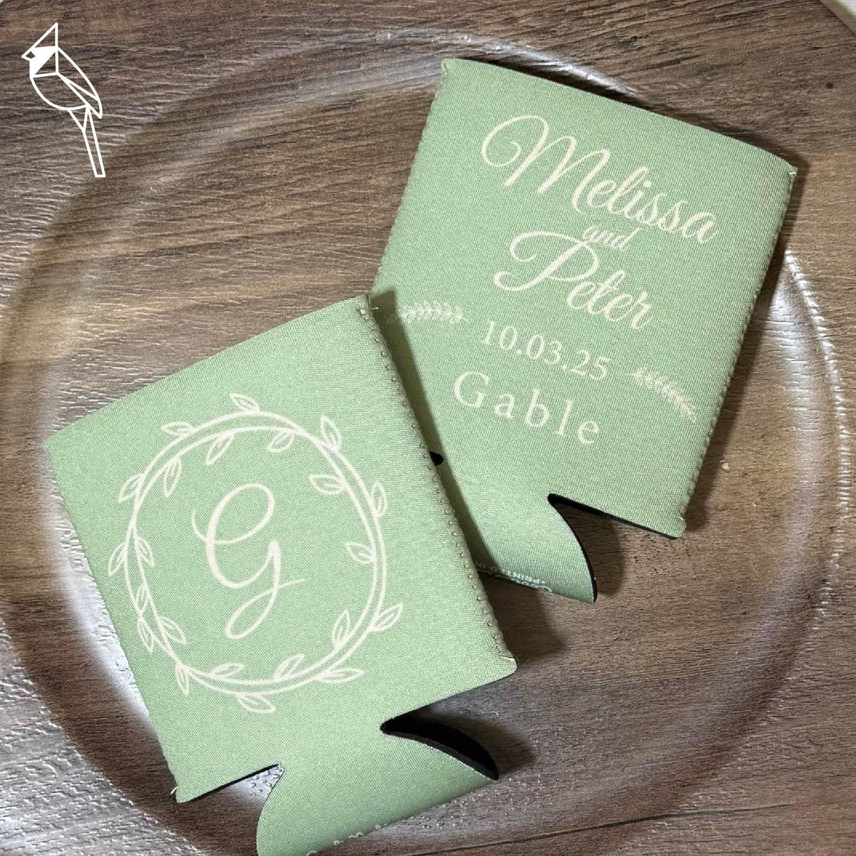 Custom Wedding Neoprene Can Cooler | Personalized Names, Last Name & Date