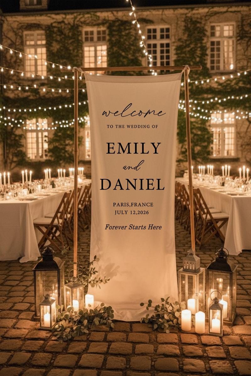 Modern Wedding Welcome Sign | Custom Linen Fabric Banner | Minimalist Wedding Decoration | Personalized Ceremony Sign