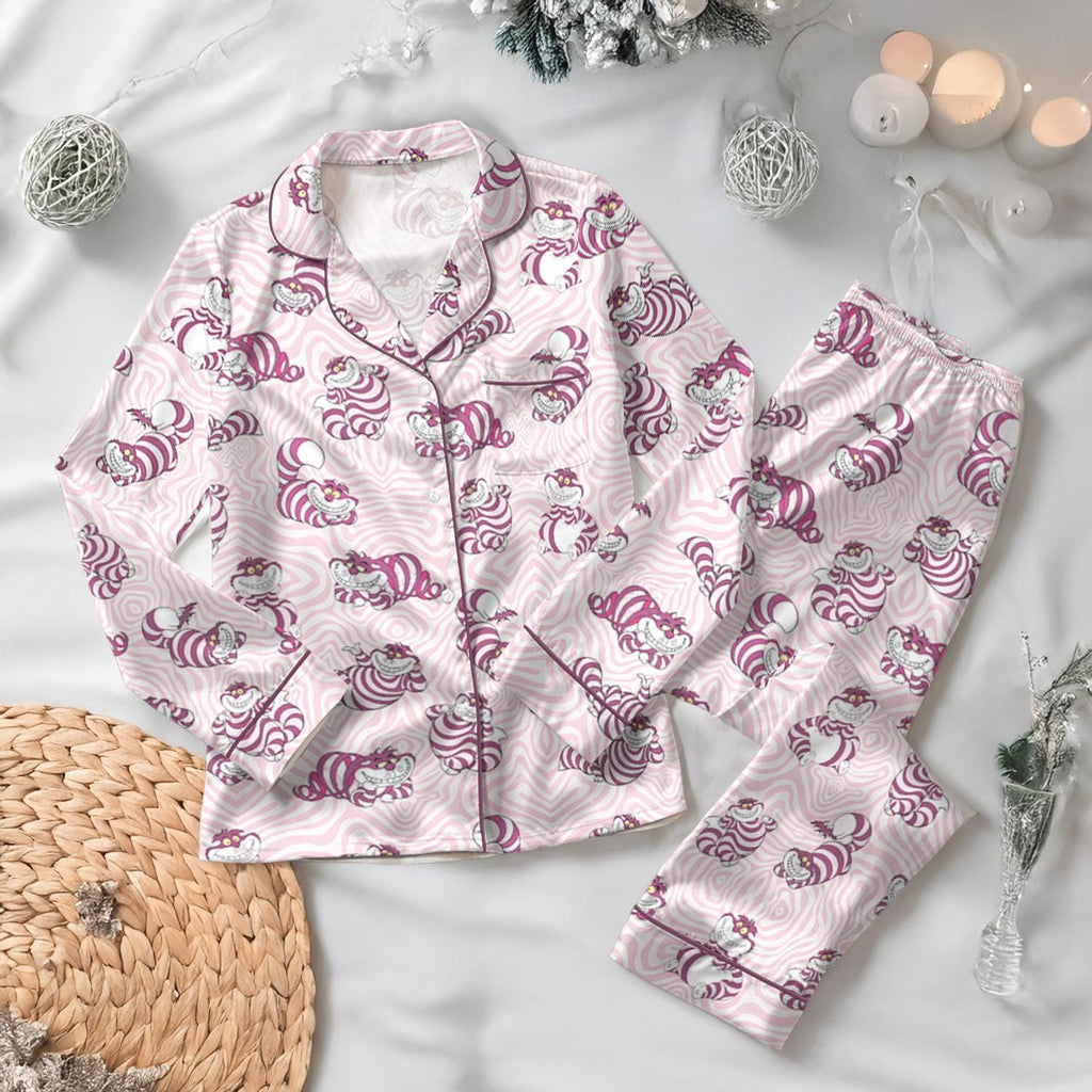 Disney Cheshire Cat Satin Pajamas, Disney Cat Button Satin Set, Alice Wonderland Pajamas, Disney Princess Shirt, Women's Lounge Set Gift