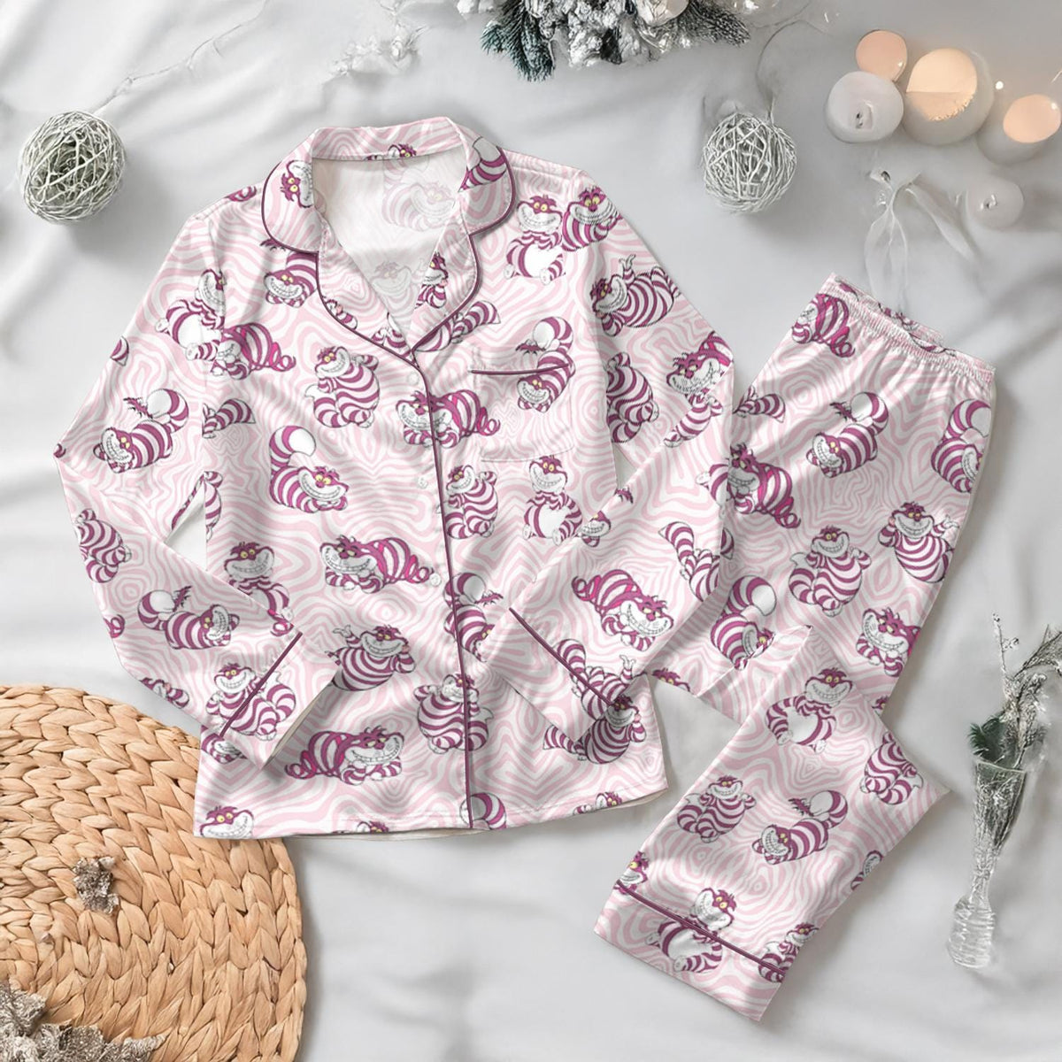 Disney Cheshire Cat Satin Pajamas, Disney Cat Button Satin Set, Alice Wonderland Pajamas, Disney Princess Shirt, Women's Lounge Set Gift