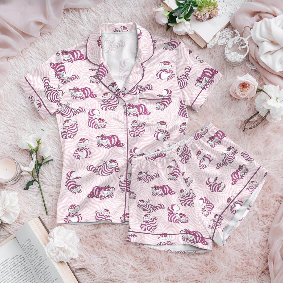 Disney Cheshire Cat Satin Pajamas, Disney Cat Button Satin Set, Alice Wonderland Pajamas, Disney Princess Shirt, Women's Lounge Set Gift
