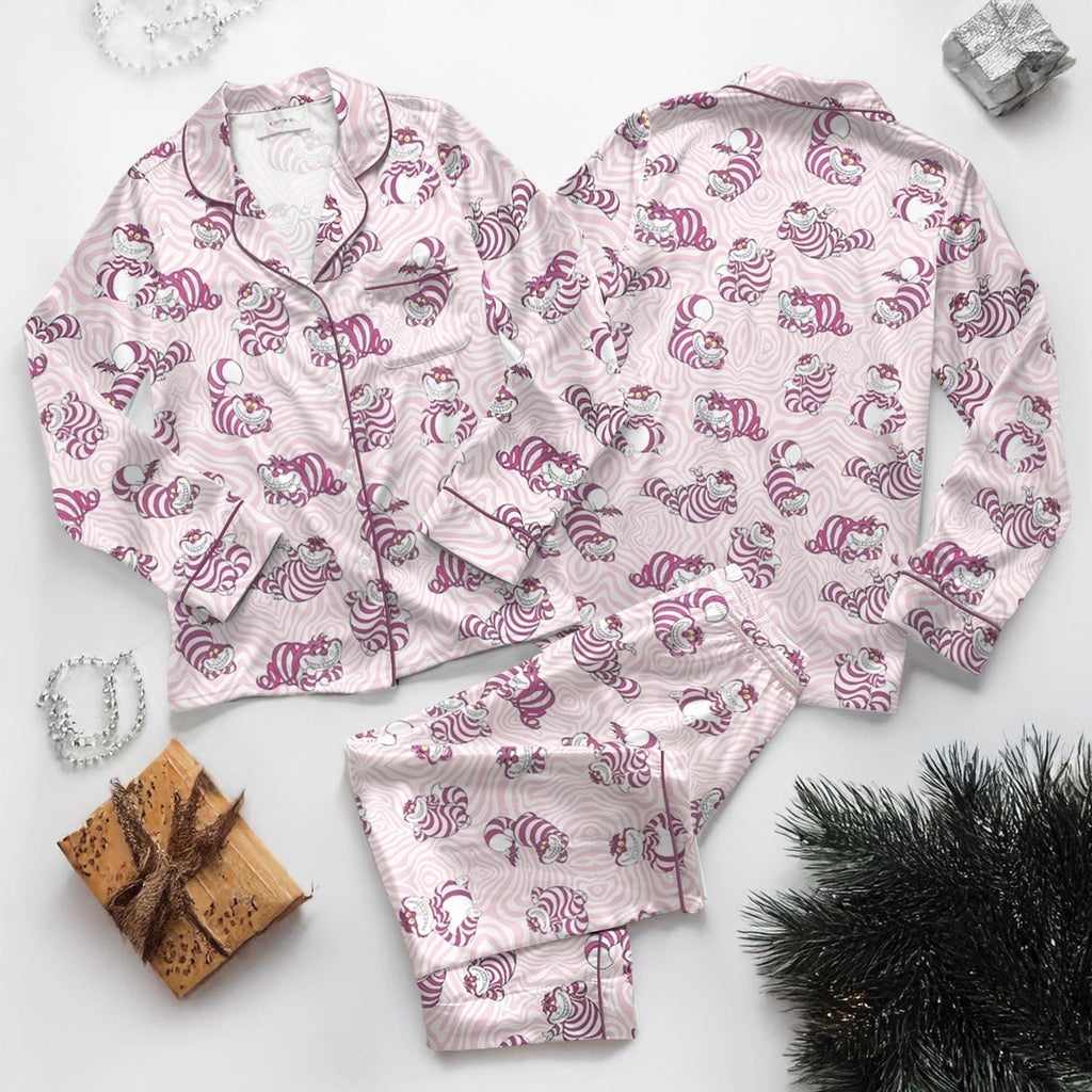 Disney Cheshire Cat Satin Pajamas, Disney Cat Button Satin Set, Alice Wonderland Pajamas, Disney Princess Shirt, Women's Lounge Set Gift