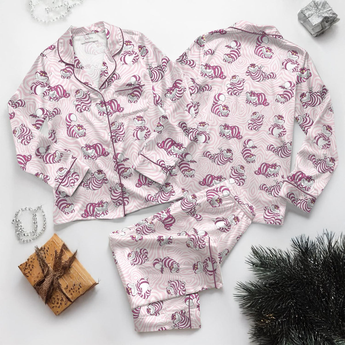 Disney Cheshire Cat Satin Pajamas, Disney Cat Button Satin Set, Alice Wonderland Pajamas, Disney Princess Shirt, Women's Lounge Set Gift