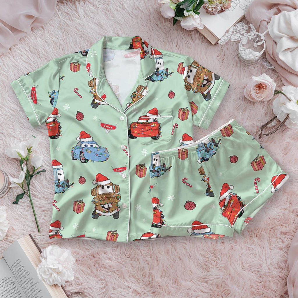 Lightning McQueen Christmas Satin Pajamas Set, Disney Pixar Cars Shirt, McQueen Santa Pjs, Magic Kingdom Pajamas, Vintage Disney Car Gift