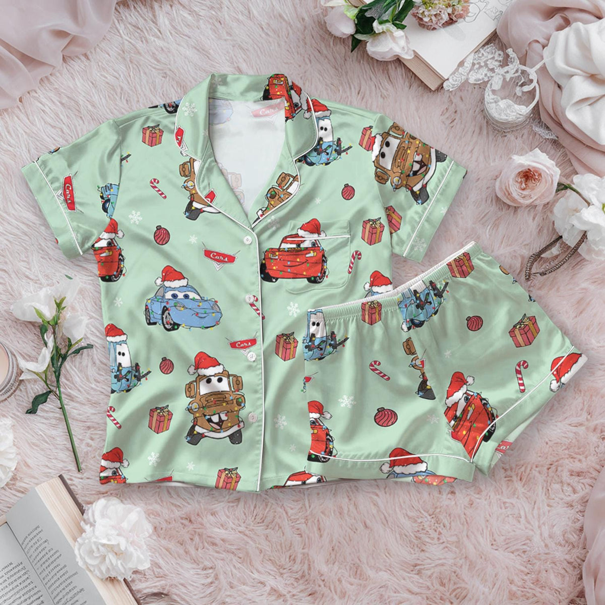 Lightning McQueen Christmas Satin Pajamas Set, Disney Pixar Cars Shirt, McQueen Santa Pjs, Magic Kingdom Pajamas, Vintage Disney Car Gift