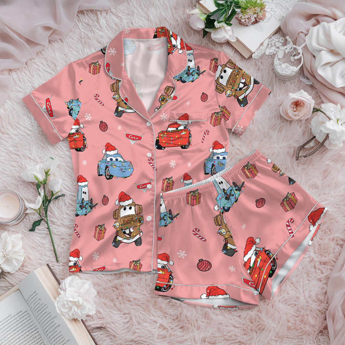 Lightning McQueen Christmas Satin Pajamas Set, Disney Pixar Cars Shirt, McQueen Santa Pjs, Magic Kingdom Pajamas, Vintage Disney Car Gift