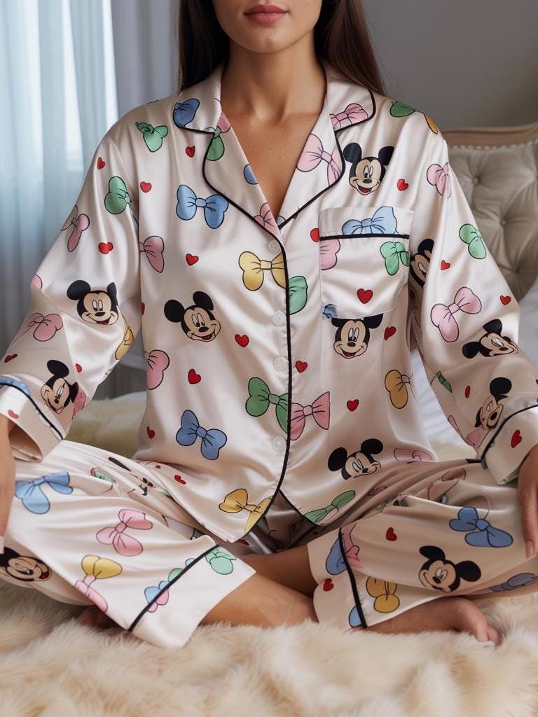 Coquette Mickey Mouse Satin Pajamas Set, Disney Mickey Pajamas, Disney World Loungewear, Mickey and Colorful Bows Sleepwear, Coquette Pajama