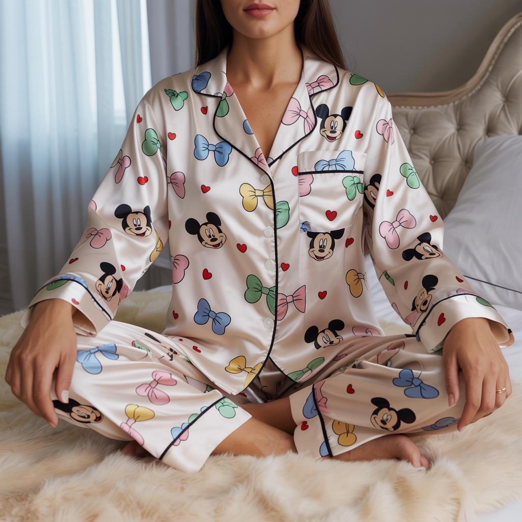 Coquette Mickey Mouse Satin Pajamas Set, Disney Mickey Pajamas, Disney World Loungewear, Mickey and Colorful Bows Sleepwear, Coquette Pajama