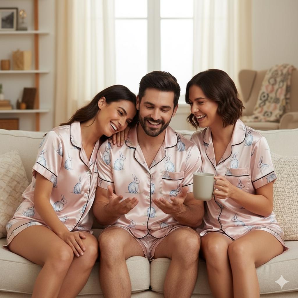 Cute Rabbit Satin Pajamas Set, Rabbits Pajamas, Women Pajamas, Cozy Fall Aesthetic Pajamas, Nature Lovers Pjs, Cute Animal Pjs, Family Pjs