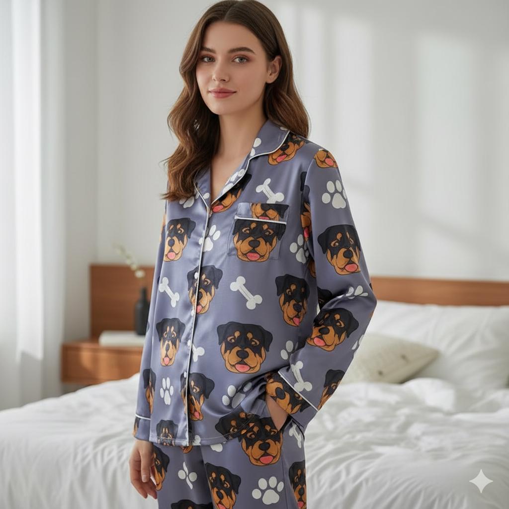 Personalized Dog Pet Face Satin Pajamas Set, Custom Pet Face Pajamas, Pet Portrait Pajamas Set, Custom Cat Photo Pajamas, Pet Photo Pajamas