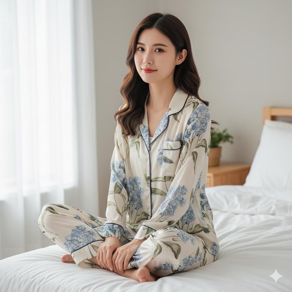 Blue Floral Print Satin Pajamas Set, Bridesmaid Pajamas, Bachelorette Party Pjs, Bride Pajamas, Misty Blossom Pajamas, Getting Ready Gifts