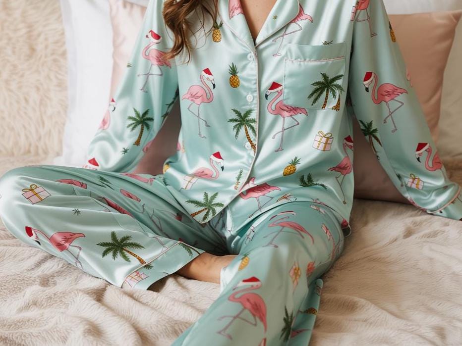 Tropical Flamingo Palm Tree Christmas Satin Pajamas Set, Beach Christmas Satin Pajamas, Christmas Loungewear, Matching Family Xmas Sleepwear