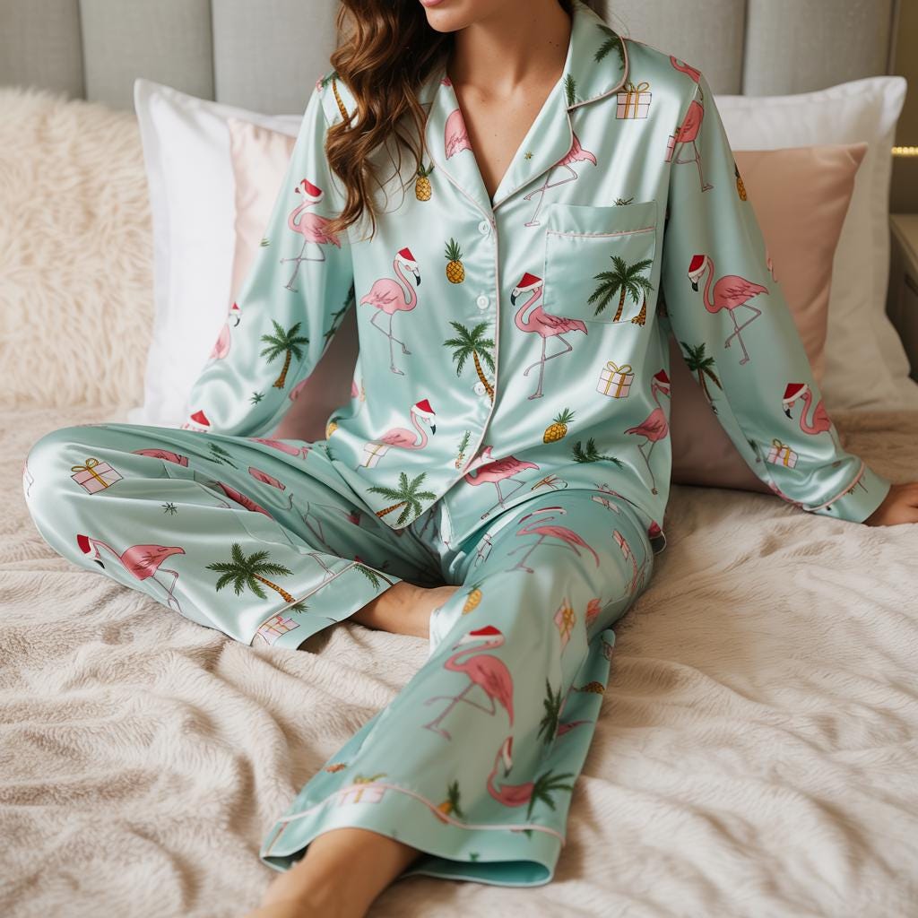 Tropical Flamingo Palm Tree Christmas Satin Pajamas Set, Beach Christmas Satin Pajamas, Christmas Loungewear, Matching Family Xmas Sleepwear