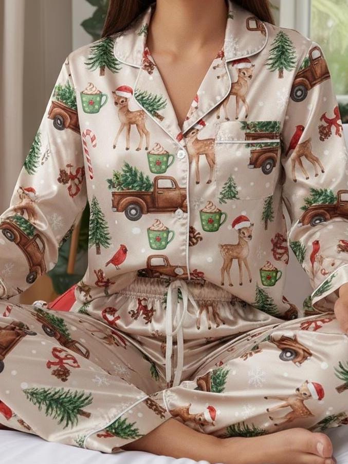 Deer Farm Christmas Satin Pajamas Set, Cardinal Bird with Hot Cocoa Pajama, Christmas Truck Pajamas, Christmas Pajamas, Family Christmas Pjs