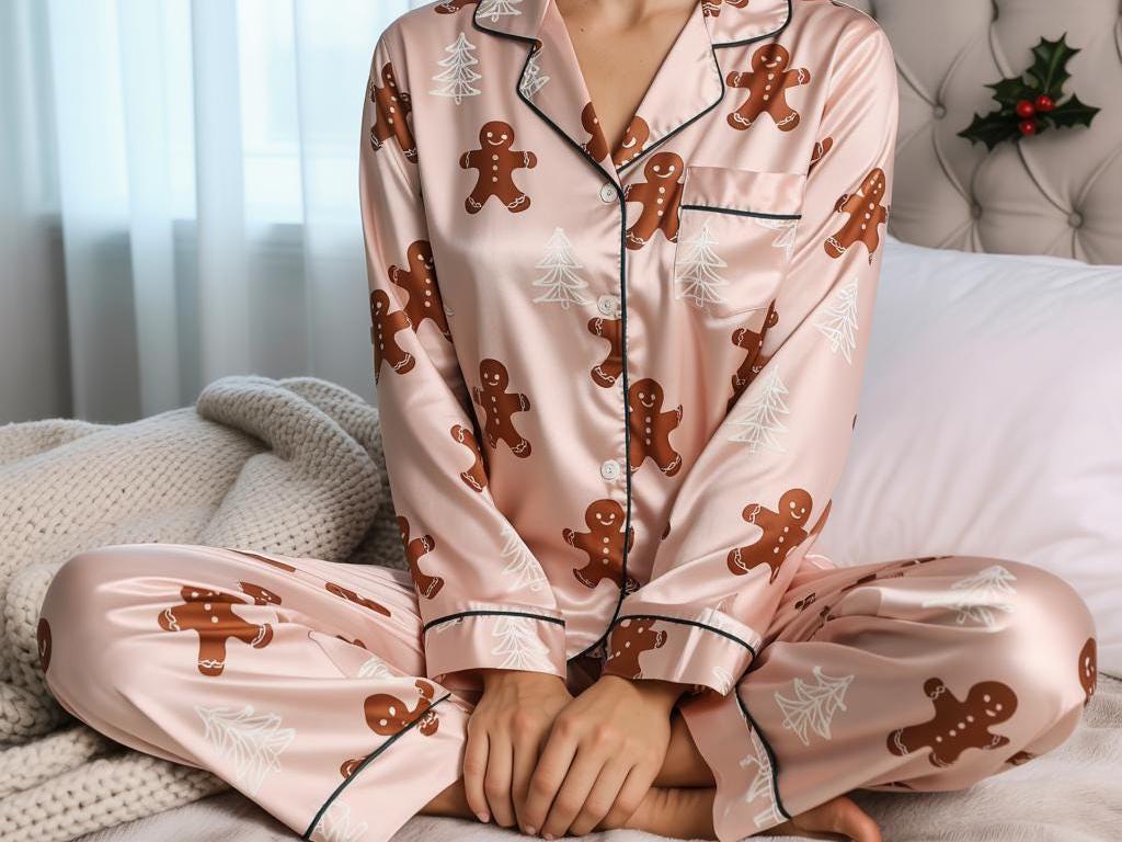 Gingerbread Satin Pajamas Set, Christmas Pajamas, Christmas Family Matching Pajamas Set, Christmas Party Pajamas, Family Matching Sleepwear