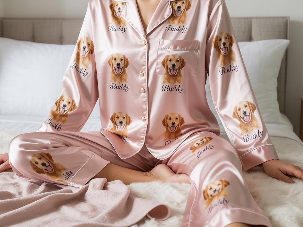 Custom Photo & Name Pet Satin Pajamas Set, Personalized Dog Face Sleepwear, Matching Family Pajamas, Custom Pet Face Pajama, Cat Face Pajama