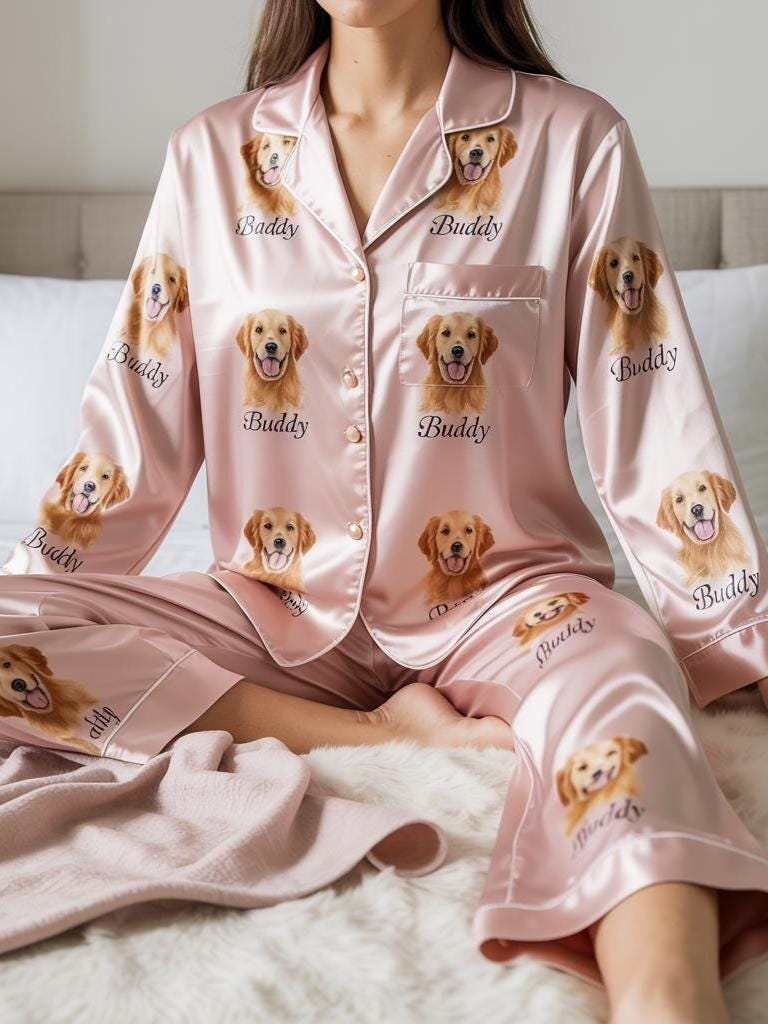 Custom Photo & Name Pet Satin Pajamas Set, Personalized Dog Face Sleepwear, Matching Family Pajamas, Custom Pet Face Pajama, Cat Face Pajama