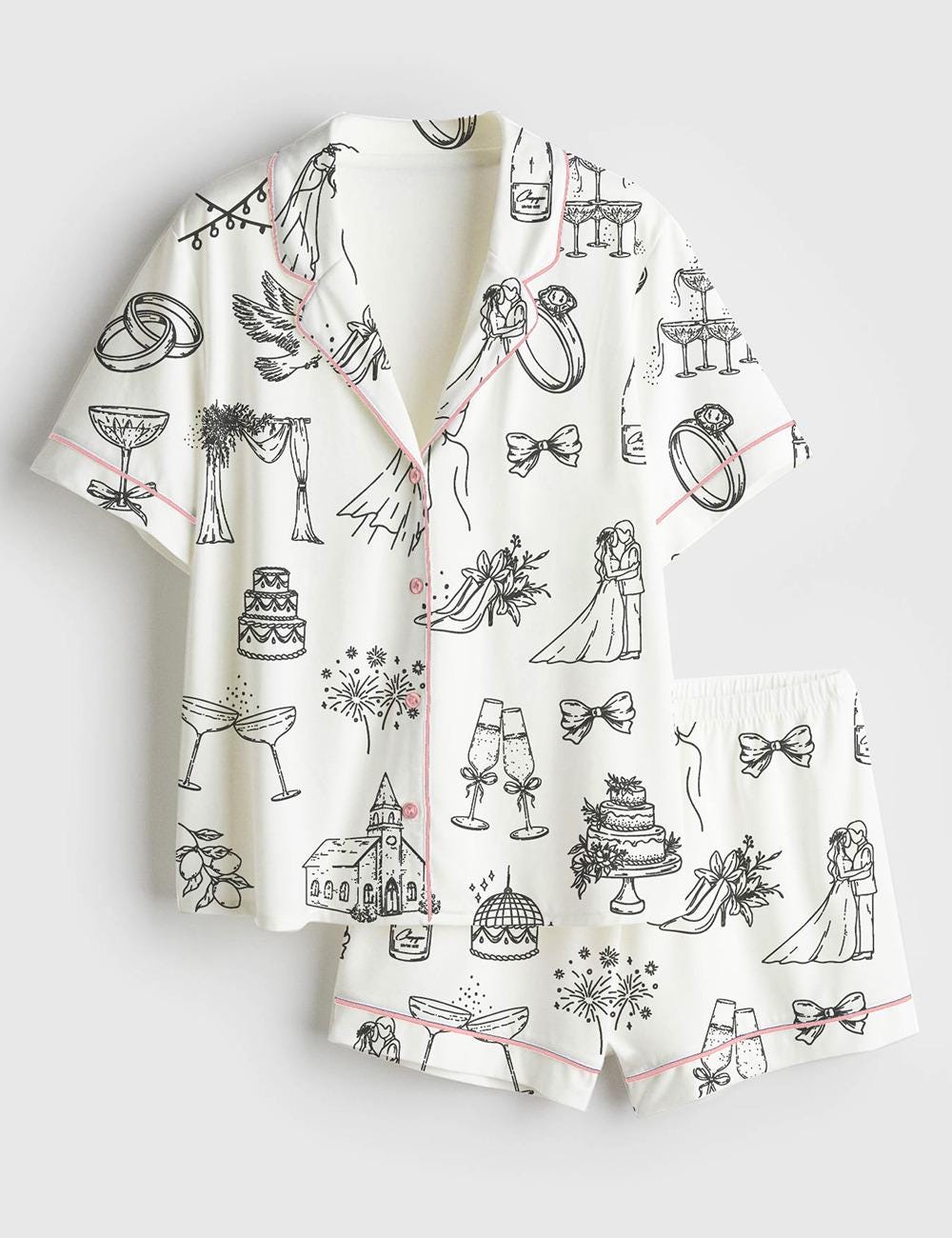 Women's Satin Pajama Set, Hand Drawn Wedding Icons, Champagne Wedding Timeline Print, Short Sleeve Bridal PJs, Bridesmaid Gift, Pjs For Her