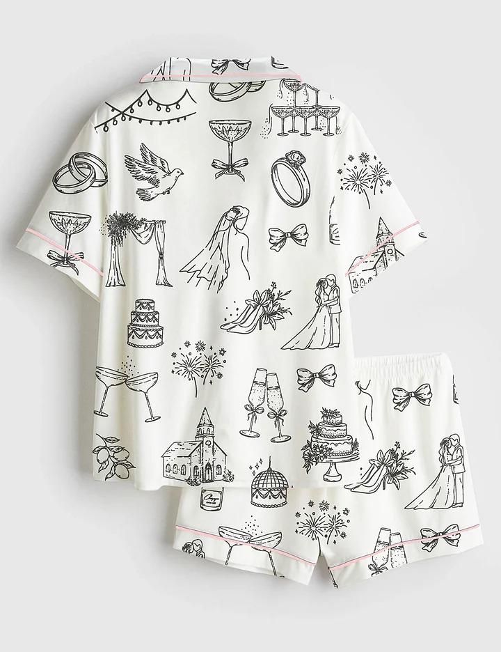 Women's Satin Pajama Set, Hand Drawn Wedding Icons, Champagne Wedding Timeline Print, Short Sleeve Bridal PJs, Bridesmaid Gift, Pjs For Her