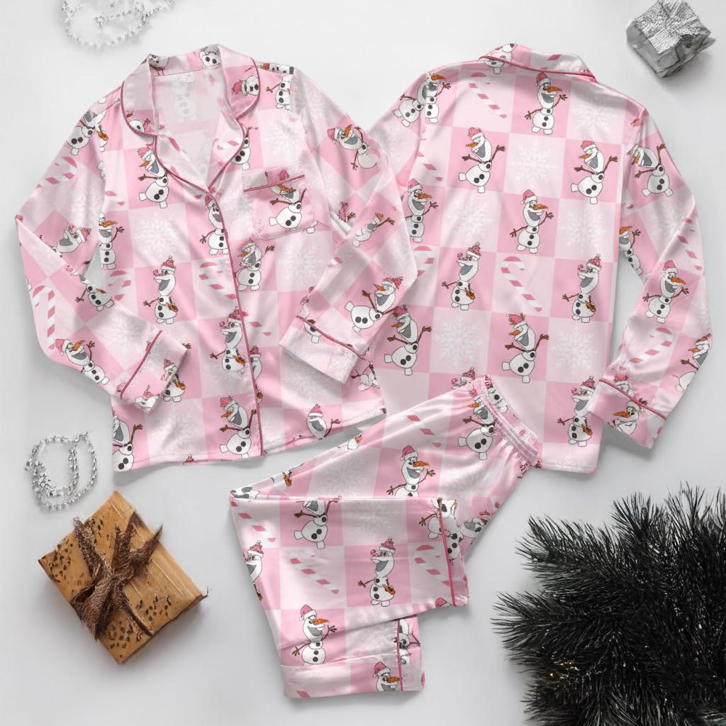 Disney Olaf Christmas Satin Pajamas Set, Disney Frozen Party Sleepwear, Snowman Pajamas Set, Olaf Christmas Party Gift